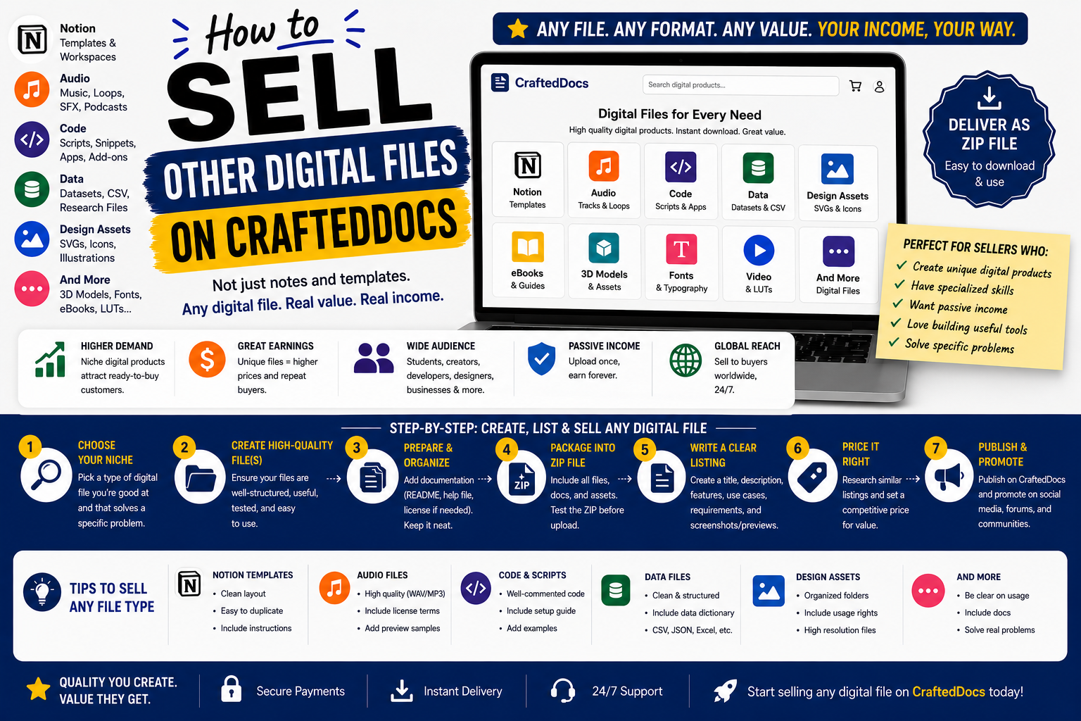 How to Sell Other Digital Files on CraftedDocs — Notion, Audio, Code, Data and More